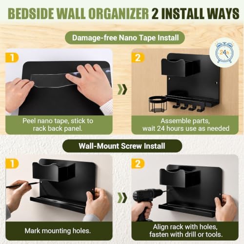 Floating Bedside Wall Shelf, Metal Wall Organizer with Detachable Cup Holde - Image 6
