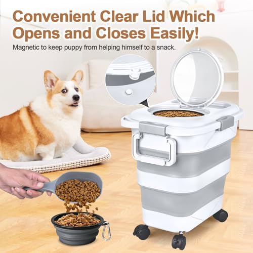Dog Food Storage Container，10-25 lbs Airtight Collapsible Cat Food Storage Container with Attachable Wheels, Portable Handle, Dog Food Scoop for Dog Cat Bird Pet Dry Food Storage Bin Light Grey - Image 4