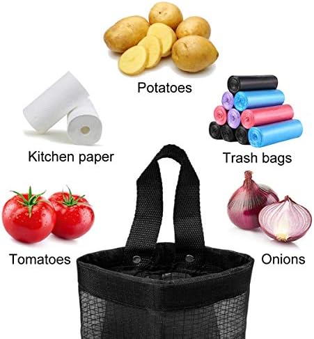 2 Pcs Plastic Bag Holder Trash Bags Storage Dispenser Organizer for Home Kitchen Mesh Hanging Storage Dispensers Recycling Garbage Folding Hanging Storage Bag Grocery Bags Holder with 2 Hooks (Black) - Image 2