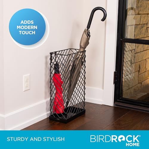 BIRDROCK HOME Decorative Umbrella Stand with Removable Water Tray - Large Metal Umbrella Rack and Cane Walking Stick Organizer for Entryway - Umbrella Holder for Indoor & Outdoor - Black, Diagonal - Image 4
