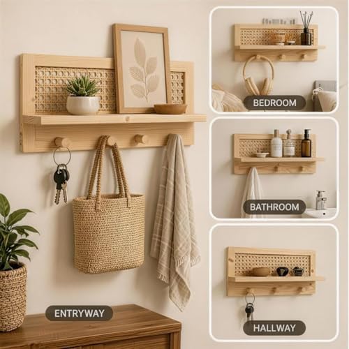 Rattan Wall Shelf with 4 Hooks, Entryway Key Holder & Coat Rack Wall Mount - Image 5