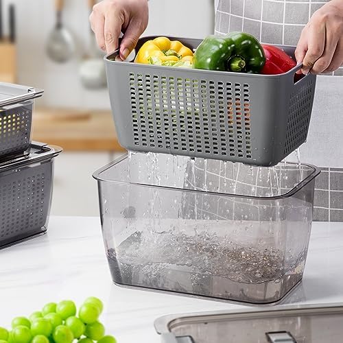 LUXEAR 4 Pack Fruit Containers for Fridge, Vegetable Storage Container with Lids &Removable Colander Produce Saver Organizer for Refrigerator Keep Fruit, Veggie, Berry, Meat Fresh Longer-Grey - Image 4