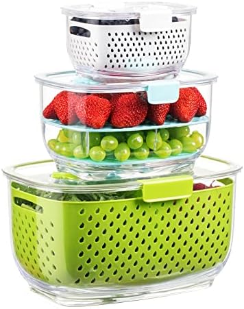 LUXEAR Fresh Produce Vegetable Fruit Storage Containers 3Piece Set, BPA-free Fridge Storage Container, Partitioned Salad Container, Fridge Organizers, Used in Storing Fruits Vegetables, Green by Luxear