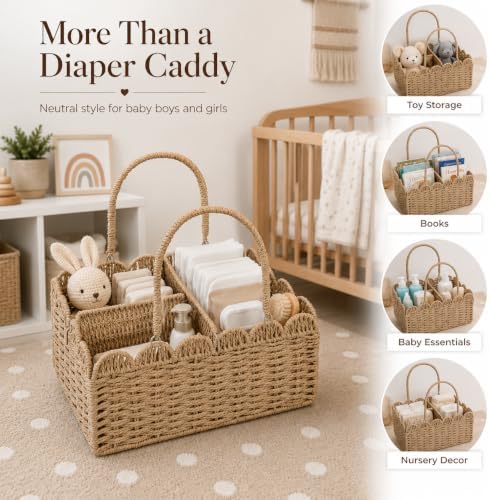 Large Wicker Diaper Caddy Organizer, Scalloped Nursery Basket for Changing Table, Woven Rope Baby Holder with Removable Divider, Portable Organizer for Diapers Wipes Clothes Toys & Essentials (Khaki) - Image 5