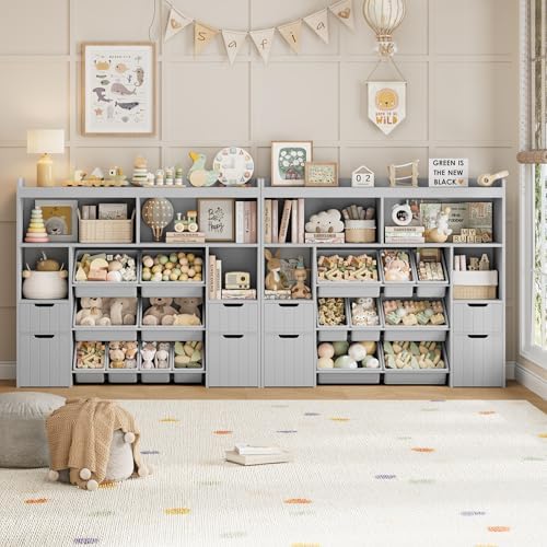 HORSTORS 55" W Toy Storage Organizer, Large Kids Bookshelf, Toy Box, Grey - Image 4