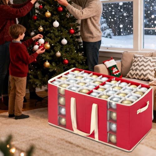 Christmas Visible Ornament Storage Box with Adjustable Dividers/Side Pockets,Ornaments Organizer with Zipper, Storage Container Bin for Christmas Decorations(128 Ball, Red, without Tray) - Image 3