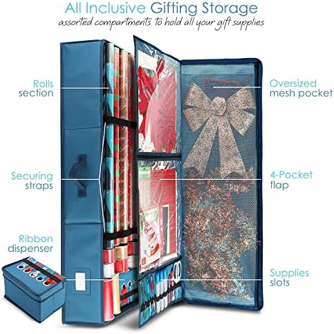 Hearth & Harbor Wrapping Paper Storage Container - Christmas Storage Bag with Ribbon Dispenser and Interior Pockets - Gift Wrap Organizer Fits Up to 26 Rolls of 40" Length, Blue - Image 2