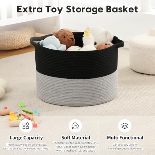 Foldable Laundry Hamper Basket with Collapsible Handle Cotton Rope Soft Woven Fabric Storage Organizer Clothes Toys Nursery Bedroom Dorm Space Saving Bin (Black & Grey, 65L(19.7"D x 12.6"H)) - Image 4