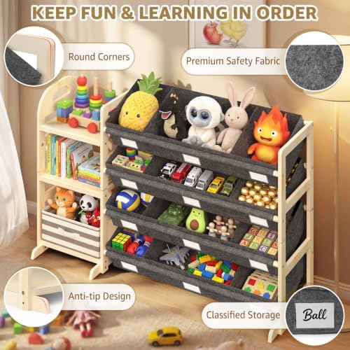Toy Storage Organizer with 3 Shelves and 12 Bins, Bookshelf/Bookcase, Kids Bin Shelf, Toys Box for Playroom Organization for Bedroom & Room, 47.4" W - Image 4