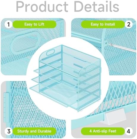 Cawukege 5 Tier Paper Organizer with Handle, Blue Metal Mesh Desk Organizer File Folder Paper Letter Tray Desktop Document Sorter for Classroom, School, Office Accessories Organization and Storage - Image 4