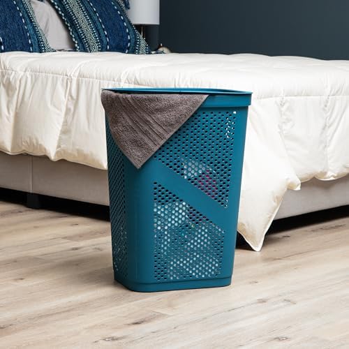 Mind Reader Slim Laundry Hamper with Lid, 60L Clothes Basket, Ventilated Plastic, Blue - Image 2
