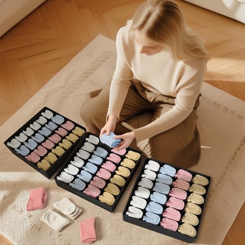 Joyoldelf Sock Drawer Organizer Divider Underwear Organizer 24-cell Fabric Dresser Drawer Organizers Storage Boxes for Socks Lingerie, Handkerchiefs, Ties 4 Pack (Black) - Image 4