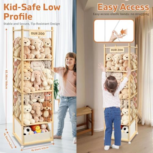 Large Stuffed Animal Storage with Toys Tray, Wood Stuffed Animal Zoo Storage with Brake Wheels, Large Capacity Stuffed Animal Holder, Perfect for Nursery Playroom Kidroom Bedroom - Image 5