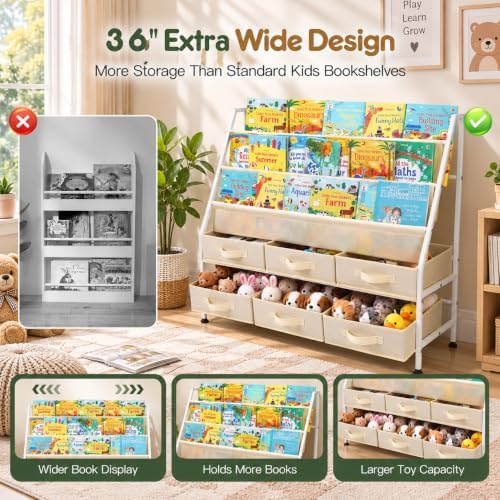 36" Extra Wide Kids Bookshelf and Toy Storage Organizer, 3-Tier Front Facing Book Shelf with 6 Large Removable Storage Bins, Toddler Bookshelf for Nursery, Playroom, Bedroom, Montessori Reading Corner - Image 4