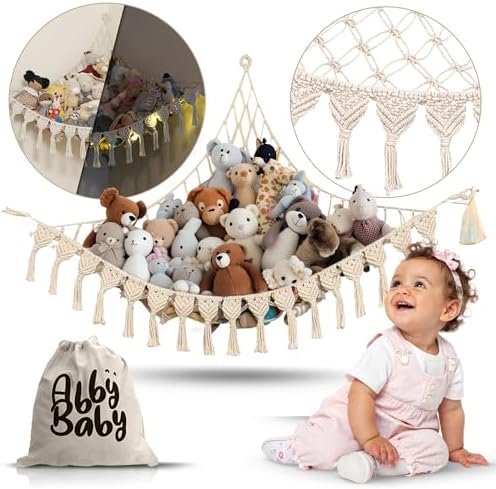 Abby Baby Extra Large Stuffed Animal Storage Hammock Corner with LED Lights – 25LB Capacity Hanging Toy Net for Small or Large Plushies, Boho Macrame Squishmallow, Plush Net, Gray - Image 3