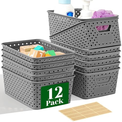 12 Pack Plastic Storage Baskets for Organizing, Storage Baskets for Shelves with Handles, Small Storage Bins with Labels, Classroom Storage Organization for Cabinet,Closet, Office,Gray by Unknown