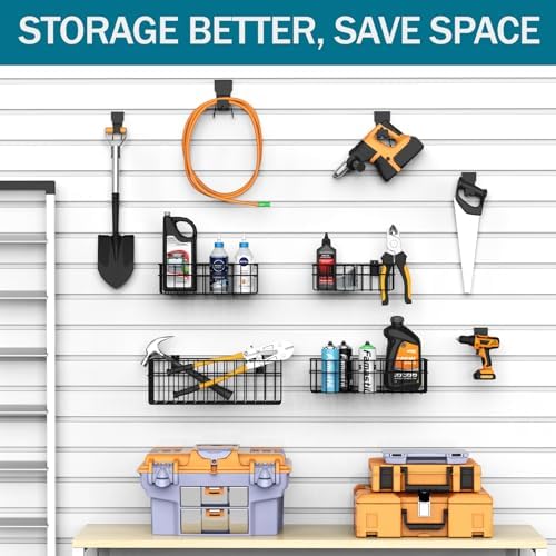 4 Pack Large Size Slatwall Baskets Set, Ventilated Metal Hanging Storage Slat Wall Basket, Mounted Slatwall Accessories for Garage Storage Organizing Display on Slatwall Panels bins (Black) - Image 7
