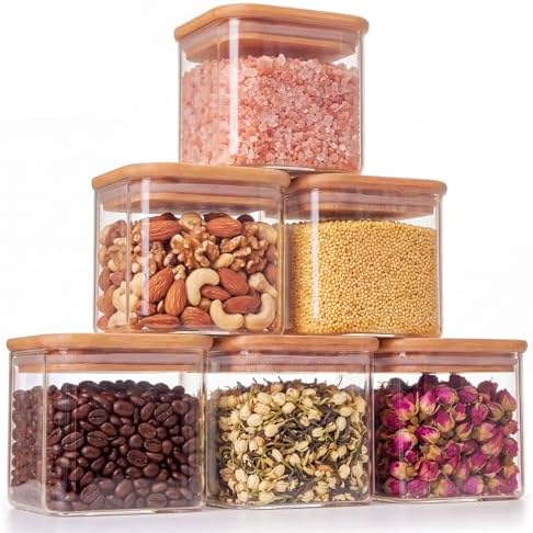 6-Pack 0.7Qt Small Rectangle Glass Storage Jars with Bamboo Lids by Unknown