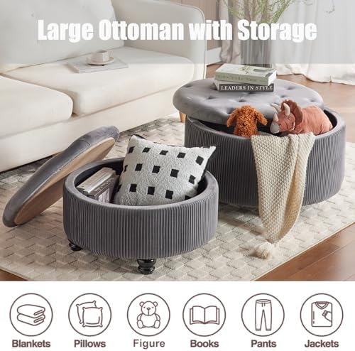 Round Storage Ottoman Coffee Table Set of 2, Gray, 29'' & 24.5'' - Image 3