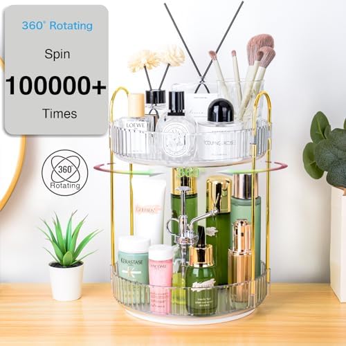 360 Rotating Makeup Organizer - Large Capacity Spinning Perfume & Cosmetic Skincare Holder for Countertop (Pearl White, 2 Tier) - Image 5