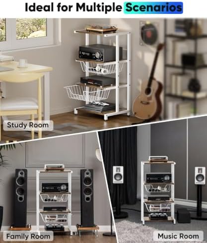 Media Stand with Two Detachable Baskets, 4-Tier AV Media Stand Corner Shelf for DVD Players/Cable Boxes/Games Consoles, Audio Storage Rack for Living Room, Gaming Room, Music Studio, White - Image 6
