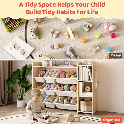 DOREROOM Toy Storage Organizer with Bookshelf, Kids Toy Storage and Organizers with 3 Shelves/9 Bins/3 Hooks, Bin Shelf, Toy Organization for Playroom, Nursery, Bedroom, Toddler Room | Wood & White - Image 4