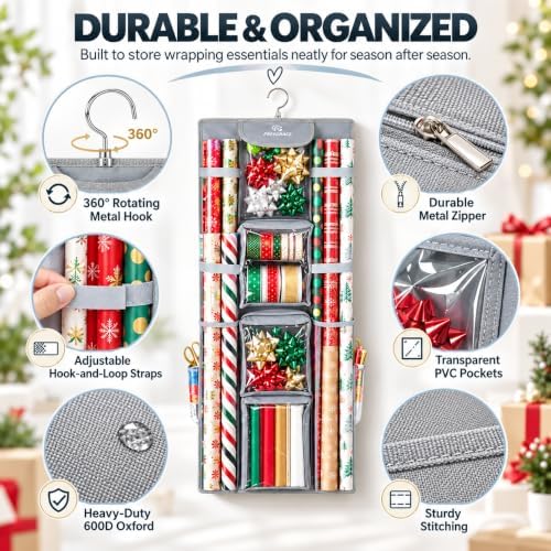 Freegrace Hanging Gift Wrap Organizer - Wrapping Paper Storage Bag, 41 Inch - Image 3