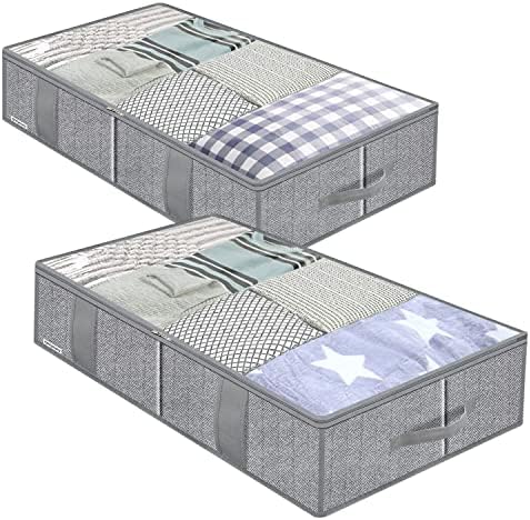 Onlyeasy Breathable Under Bed Storage Bags with 4 Reinforced Handles and Sturdy Side Wall, 2 Pack Eco-friendly Underbed Clothing Blankets Organizer with 2 Strong Zippers, Herringbone Grey, MXRUBBSS2P by Onlyeasy