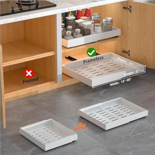 DEKAVA 4 Pack Pull Out Cabinet Organizer Expandable, Adhesive with Nano Film, Pull Out Drawers for Cabinets in Kitchen, Pantry or Bathroom (White, 21“DEEPX[12"-20'']Width-4PACK) - Image 5