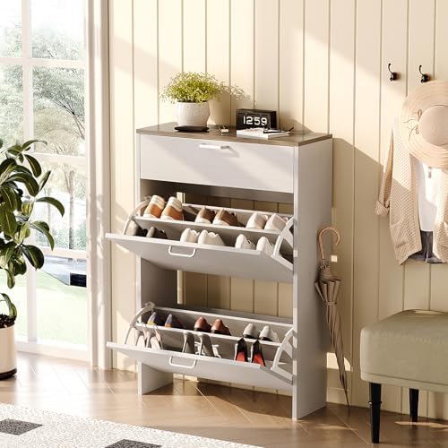 VINGLI Shoe Cabinet Storage for Entryway,Rustic White Narrow Shoe Rack,25"W - Image 3