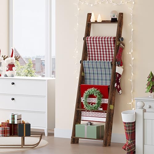 Hzuaneri Blanket Ladder, Decorative Quilt Rack with 4 Removable Hooks - Image 4