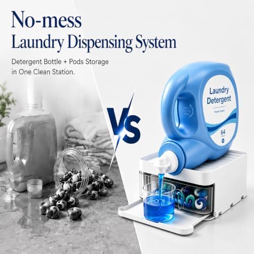 Laundry Detergent Holder with Pod Storage Drawer & Drip Tray, 3-in-1 Detergent Dispenser Stand and Laundry Detergent Organizer for Large Bottles, Gravity Flow Laundry Room Storage, White - Image 7