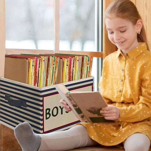 Boys Rule Foldable Storage Bins Box with Handles, Retro Blue Striped Collapsible Toys Books Clothes Organizer Basket for Kids Boy Nursery Room Bedroom Bathroom Dorm Playroom - Image 5