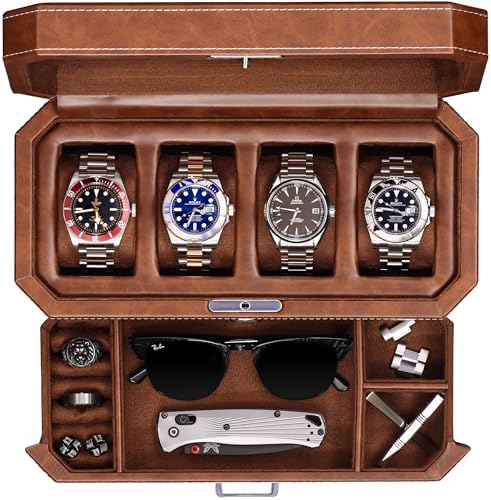ROTHWELL 4 Slot Leather Watch Box with Valet Drawer - Luxury Case Display Jewelry Organizer, Locking Display Case Holder with Real Glass Top - Watch Box Organizer for Men & Women (Tan) by RothwellSanFrancisco
