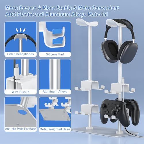 MANMUVIMO Headset Controller Stand for 2 Headset and 8 Controller, Headphone Stand Gaming Controller Holder for PS5 Xbox Airpods Beats Bose, Gaming Room Accessories, Gamer Gifts for Men (White) - Image 3