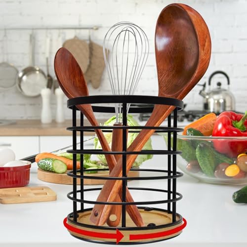 Black Kitchen Utensil Holder for Countertop, 360° Rotating Cooking Utensils Holder Caddy for Kitchen Counter-top, 5.2" x 6" Large Cylinder Spatula Holder Crock for Farmhouse Décor by Ayufdj