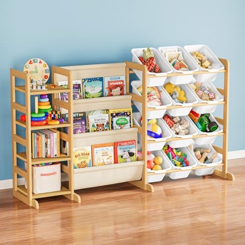 SpaceAid 3-in-1 Toy Storage Organizer with 4 Shelves and 12 Bins, Toy Organizers Storage 3-Tier Bookshelf, Kids Bin Shelf Box Bookcase for Bedroom Playroom Organization Room Decor, White by SpaceAid