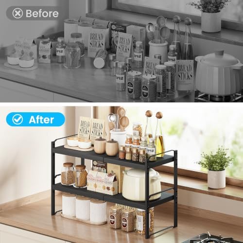 Cawukege Expandable Cabinet Organizer Shelf, Metal Countertop Storage Shelves, Heavy Duty Adjustable Spice Rack Stackable for Kitchen Pantry Storage Rack (Black, 1 Pack: 14.2-24.8"L x 7.87"W x 8.66"H) - Image 4