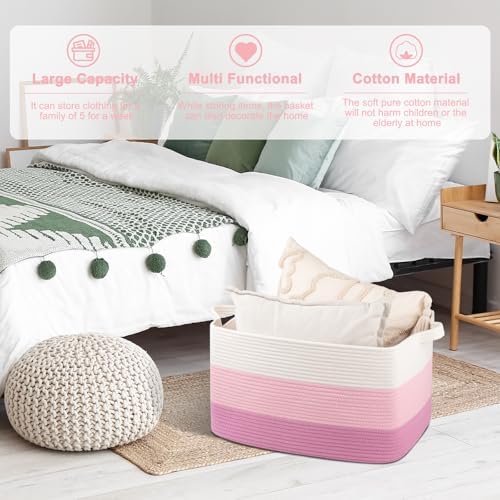 OIAHOMY Large Blanket Basket, 65L Cotton Rope Woven Laundry Basket, Toy Bin for Baby Room, Container for Blanket Storage in Living Room, 20''×16''×12'', Gradient Pink - Image 5