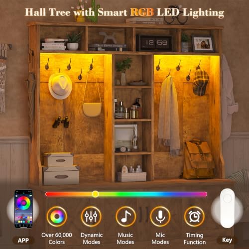 CSZZD Large Hall Tree with Bench and Shoe Storage, Coat Rack with LED Light - Image 3