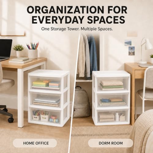 Plastic Storage Drawers, 3 Drawer Tower with Clear Removable Bins, White - Image 6