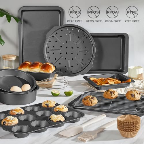 HONGBAKE Bakeware Sets, Baking Pans Set, 12 Pieces Nonstick Oven Pan with 120 Muffin Liners for Kitchen, Wider Grips, Including Rack, Cookie Sheet, Cake, Loaf, Muffin, Pizza Pan - Gray - Image 2