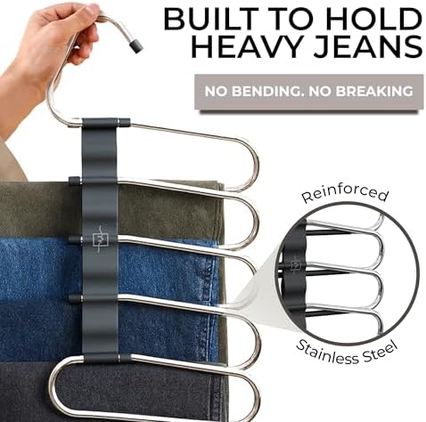 MORALVE Pants Hangers Space Saving - 4 Pack - Non-Slip Multi-Layer Space Saving Hangers - Multifunctional Clothing Rack for Closet Storage - Ideal for Jeans, Trousers, Skirts, Scarves & Slacks (Black) - Image 4