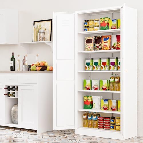 SISESOL 71" Tall Pantry Cabinet with 2 Doors and 5 Shelves,Kitchen Pantry Storage Cabinets,White Metal Storage Cabinet,Wide Deep Food Cupboard for Home,Kitchen,Dining/Living Room - Image 2