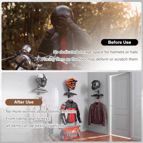 Helmet Holder Wall Mount with Shlef, Helmet Storage Rack with Hooks, Solid Wood & Strong Aluminum Design for Motorcycle, Bike, Football, Racing, Skiing Sports Gear, Jackets & Hats (Brown*3) - Image 2
