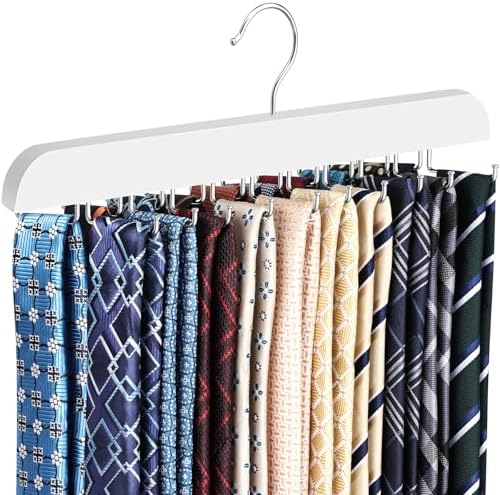 RESOVO Upgraded Tie Rack Hanger with 20 Foldable Metal Hooks, Space Saving Necktie Organizer for Men – Large Capacity Tie and Belt Wooden Hanger for Closet - White by RESOVO