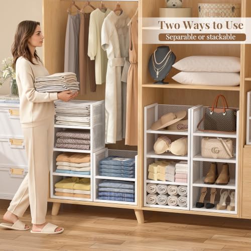 DAOUTIME 4-Tier Stackable Closet Organizers and Storage Basket, Wire Closet Shelf Organizer, Sweater Storage Oragnizer Bins, Multifunctional Clothes Storage Drawer Organizer for Wardrobe, White - Image 4