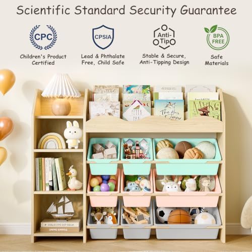 EXPERLAM Kids Toy Organizer, Scalloped Bookshelf, 4 Shelves, 9 Color Bins - Image 5