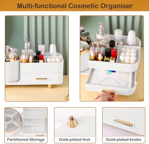 Rotating Makeup Organizer for Vanity with Brush Holder and Drawer, Cosmetic Makeup Storage, Large Spinning Makeup Skincare Organizer, Countertop Makeup Perfume Organizer, Lotions Display Case (White) - Image 4