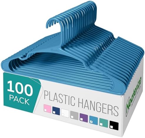 NEATERIZE Clothes Hangers Plastic 100 Pack for Adults - Plastic Hangers, The Perfect Coat Hanger and Space Saving Clothes Hangers for Closet - Blue Hangers by Neaterize